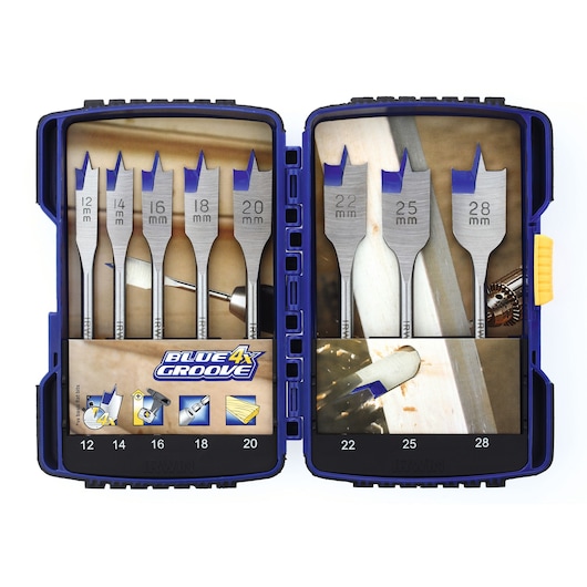 A set of eight IRWIN Blue Groove wood drill bits in a blue plastic case, sizes ranging from 12mm to 28mm. The bits are labeled individually and arranged vertically inside the open case. The packaging includes 'Blue 4X Groove' branding and illustrations showing the bits in use.