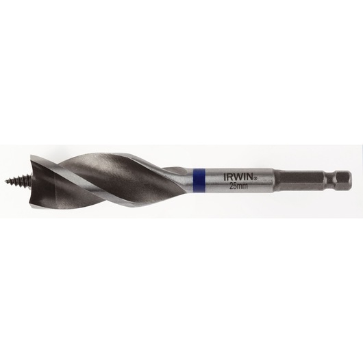 Photo of IRWIN drill bit 25mm SKU 10507712, silver and black, side view on white background.