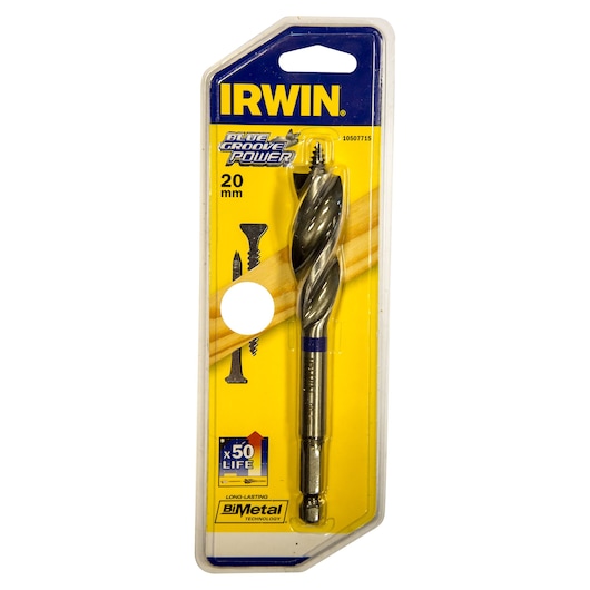 IRWIN 10507715 Blue Groove Power 20mm drill bit in yellow and blue retail packaging, front angle.