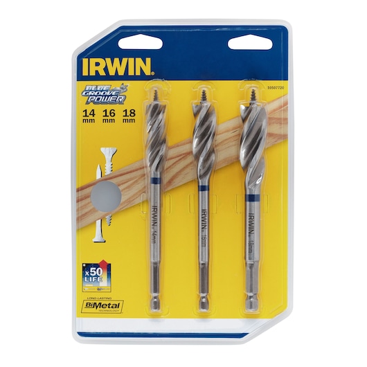 Photo of IRWIN drill bit set 10507720, three Blue Groove Power BiMetal bits in 14mm, 16mm, 18mm on white background.