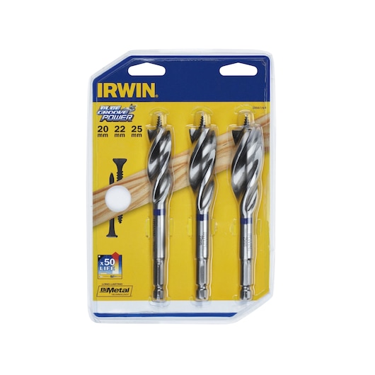 IRWIN set of three Blue Groove Power drill bits, 20mm, 22mm, 25mm, in packaging, front angle, 10507764.