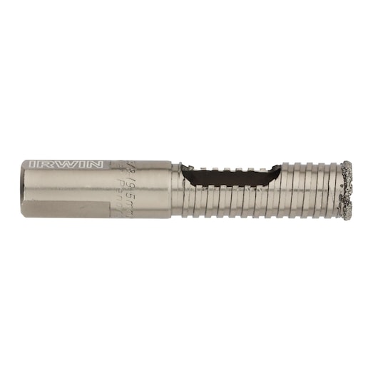 Photo of IRWIN 10507892 silver diamond grit hole saw, side view on white background.