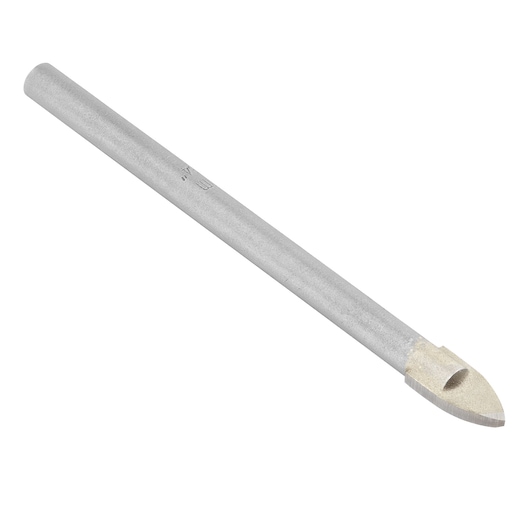 IRWIN 10507905 silver tile drill bit with spear tip on white background, angled view.