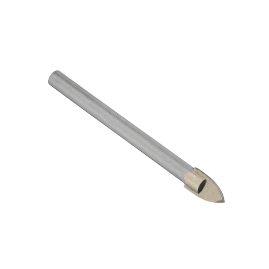 IRWIN 10507907 silver tile and glass drill bit, side angle on white background.