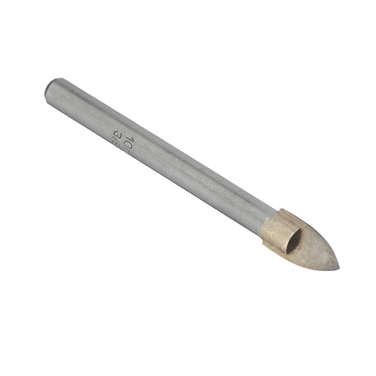 IRWIN 10507909 silver masonry drill bit with pointed carbide tip, side angle on white background.