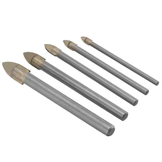 IRWIN 10507912 set of five silver tile drill bits with spear-shaped tungsten carbide tips, side angle on white background.
