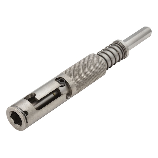 Photo of IRWIN 10507937 metal spring-loaded tap wrench, knurled grip and open view, angled on white background.