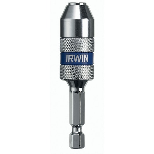 IRWIN hex shank bit holder, silver with blue band, SKU 10508166, front angle, on white background.