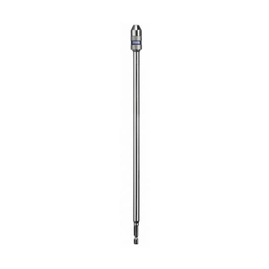 Photo of IRWIN 10508168 long metallic drill bit holder, straight angle, silver color on white background.