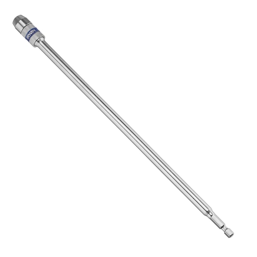 IRWIN 10508168 long silver drill bit extension with hex shank, angled view, white background.