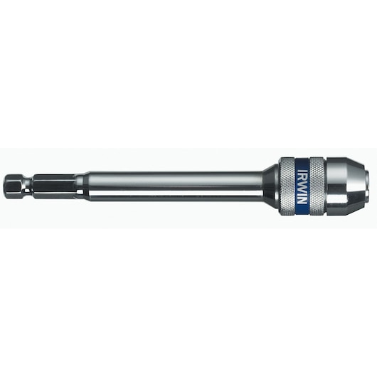 IRWIN 10508170 metal quick-change drill bit holder, side view, silver and blue finish, on white background.
