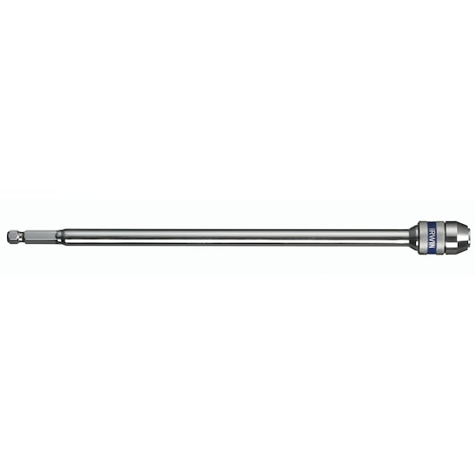 IRWIN 10508171 hex shank bit holder, silver metal, side angle on white background.