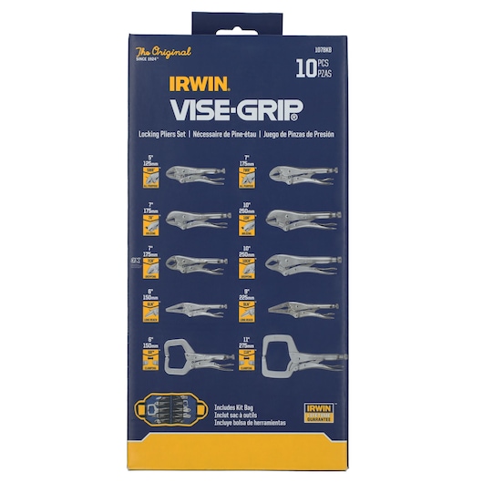 IRWIN 1078KB locking pliers set, 10-piece with storage bag, blue and yellow box, photography front angle.