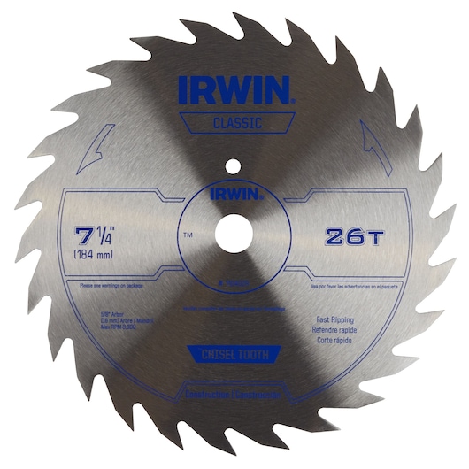 IRWIN 11040ZR circular saw blade, 7-1/4 inch, 26T chisel tooth, silver, front angle on white background.