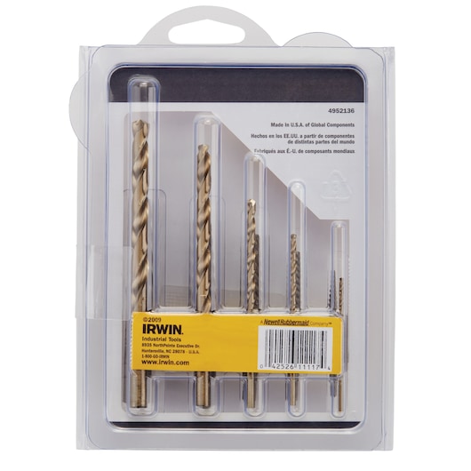 IRWIN drill bit set 11117 with five gold-tone bits in plastic retail packaging, front view.