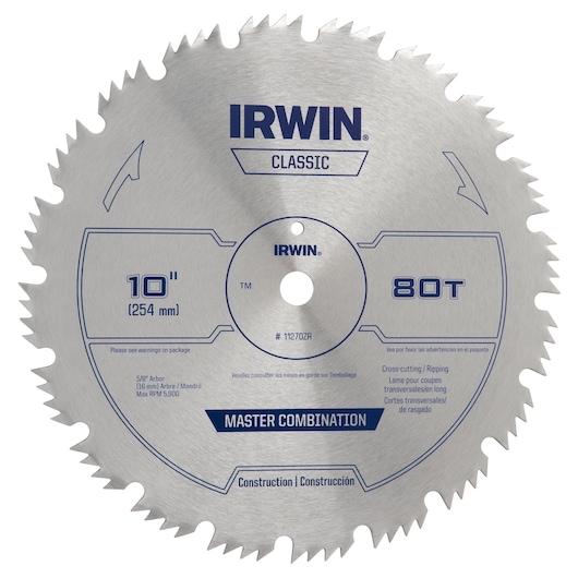 Photo of IRWIN 11270ZR circular saw blade, 10 inch diameter, 80T, silver steel with blue text, front view on white.
