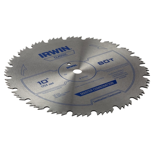 IRWIN 10-inch 80-tooth circular saw blade, SKU 11270ZR, silver with blue text, angled on white background.