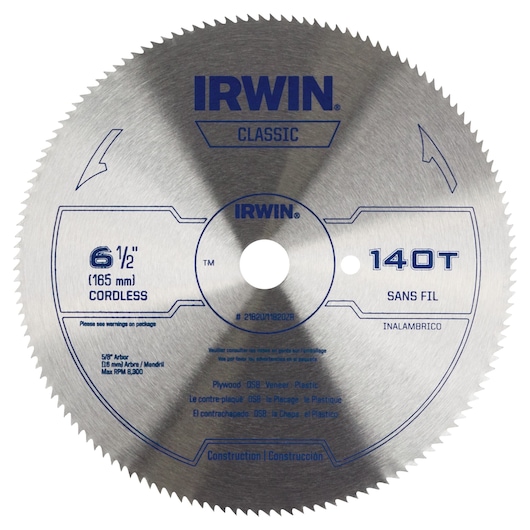 IRWIN 11820ZR circular saw blade, 6.5 inch, 140 teeth, silver finish, front angle on white background
