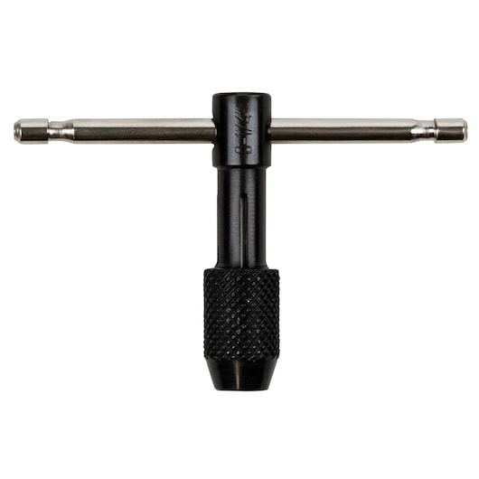 IRWIN 12001 tap wrench tool with knurled black handle, silver T-bar, front view on white background.