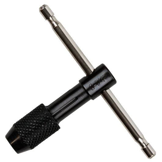 IRWIN 12001 T-handle tap wrench with textured black grip, side angle on white background.