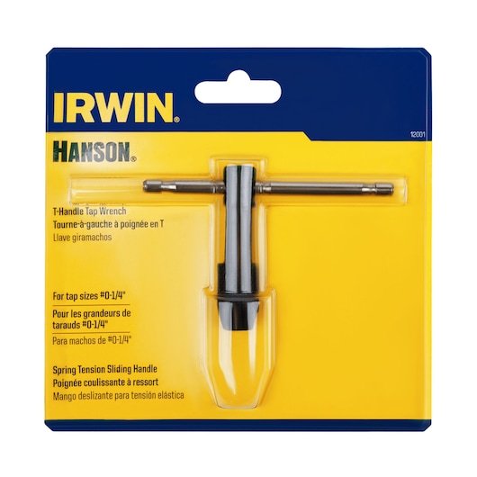 IRWIN T-handle tap wrench in retail packaging, front angle, SKU 12001, hand tool category.