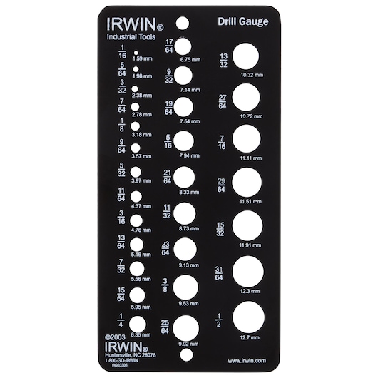 IRWIN drill gauge 12092, black metal tool with labeled holes in fractional inch and millimeter sizes, front view.