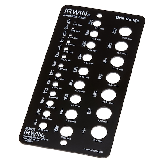 Photo of IRWIN drill gauge SKU 12092, black metal plate with holes for measuring drill bit sizes.