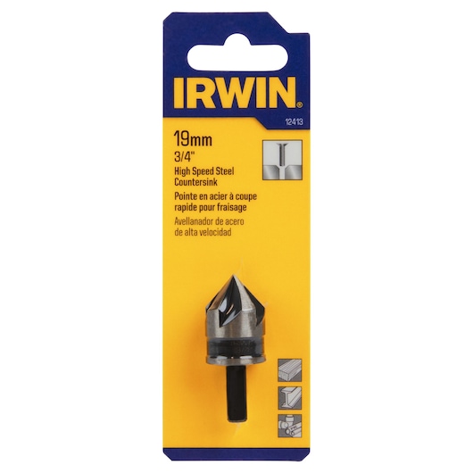 Photo of IRWIN 12413 high speed steel countersink, 19mm, 3/4 inch, in retail packaging, front view.