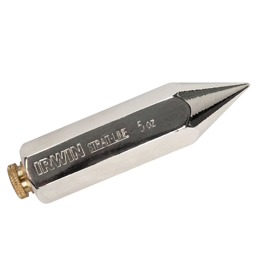 IRWIN 13055 steel plumb bob with hexagonal body and pointed tip, side view on white background.