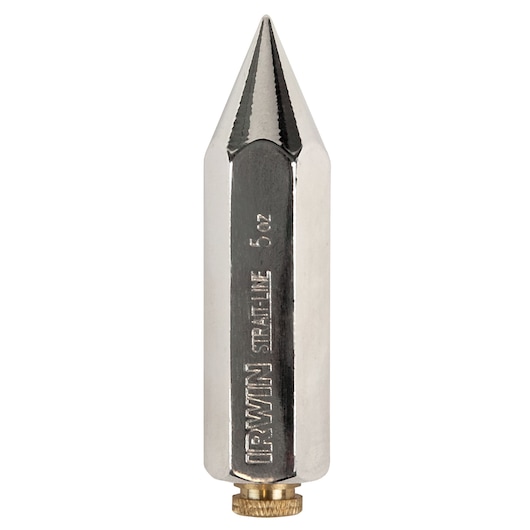 IRWIN 13055 steel plumb bob, hexagonal with pointed tip, vertical front angle on white background.
