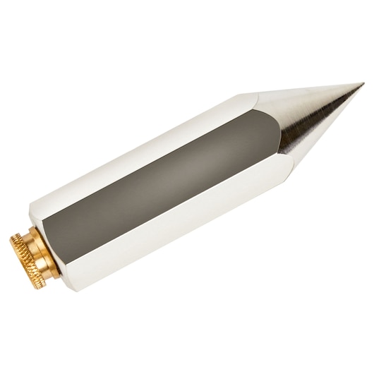 IRWIN 13085 steel and brass plumb bob, side angle on white background, pointed tip and hexagonal body.