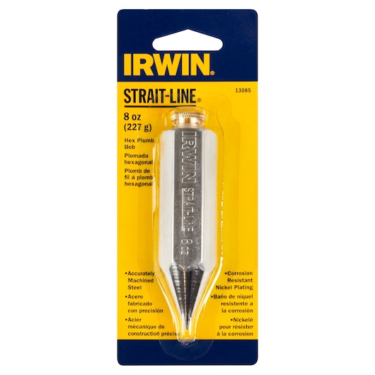IRWIN hex plumb bob 8 oz in silver steel, straight-line model 13085, front view on yellow and blue packaging.