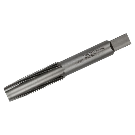 Photo of IRWIN 1349 straight flute tap tool, silver steel, angled on white background.
