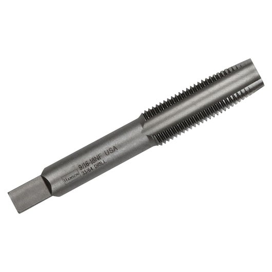 Photo of IRWIN 1349 steel threading tap tool, cylindrical shape with sharp cutting threads, angled on white background.