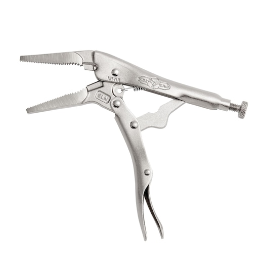 IRWIN locking pliers SKU 1402L3, silver finish, serrated jaws, side angle, white background.