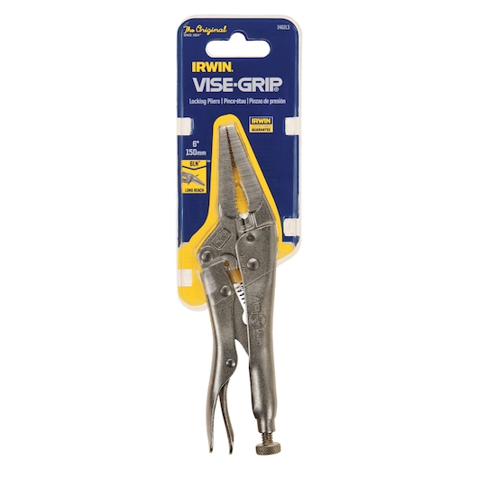 IRWIN 1402L3 locking pliers 6-inch with long reach, silver metal, front angle, retail packaging.