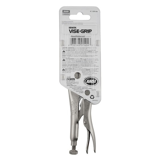 IRWIN VISE-GRIP locking pliers 6 inch 1402L3, silver finish, in retail packaging, rear view, on white background.