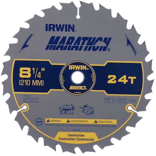 IRWIN 14050ZR Marathon circular saw blade, silver and blue, 8-1/4 inch 24 teeth, construction use, front view.