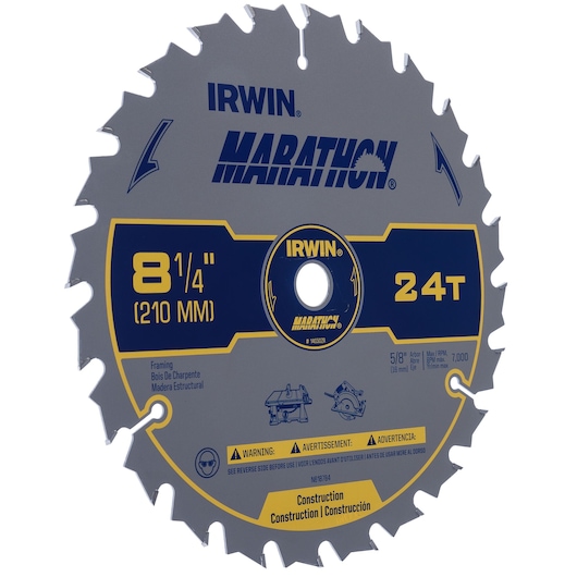 IRWIN MARATHON 8-1/4 inch 24T circular saw blade, gray with blue and yellow details, SKU 14050ZR, front angle.