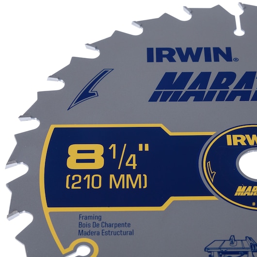IRWIN circular saw blade 14050ZR, 8-1/4 inch (210 mm) size, silver with blue and yellow labeling, close-up angle.