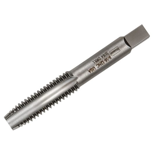 IRWIN metal threading tap 1448, straight view, silver finish, engraved details, isolated on white background.