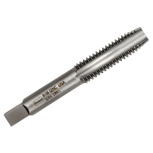 IRWIN 1448 straight flute tap, metal, silver finish, shown on white background, photography product.