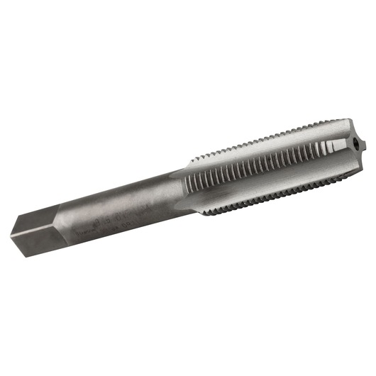 Photo of IRWIN 1449 straight-flute tap, silver metal tool with threaded cutting edges, side angle on white background.