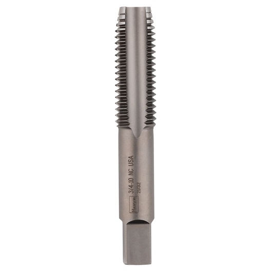 IRWIN SKU 1458 metal threading tap, cylindrical tool vertical angle, silver color on white background.
