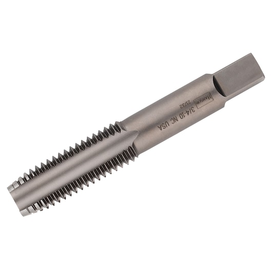 IRWIN 1458 metal threading tap, cylindrical steel tool, side angle, white background.