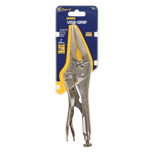 IRWIN VISE-GRIP locking pliers 9 inch 1502L3 long nose, silver metal with retail packaging, front view.