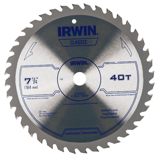IRWIN Classic 7-1/4 inch 40T circular saw blade, SKU 15230ZR, front angle on white background.