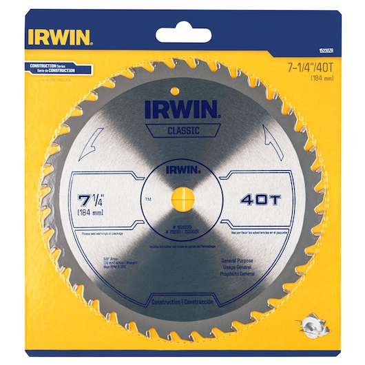 Photo of IRWIN 15230ZR circular saw blade, 7-1/4 inch, 40 teeth, in packaging, front angle.