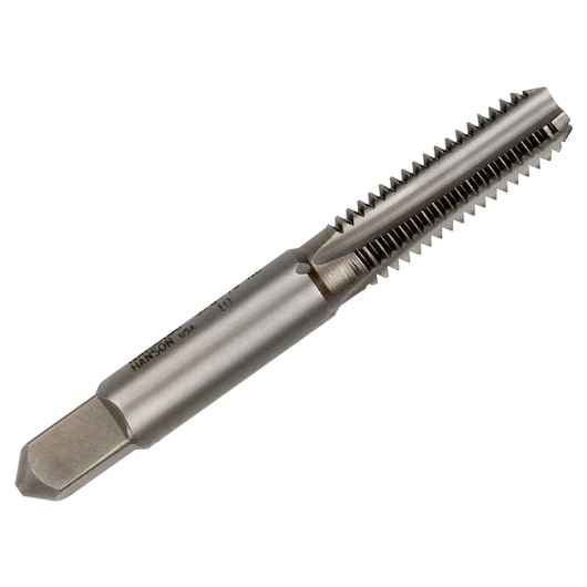 IRWIN SKU 1534 steel straight flute tap, close-up angle on white background, tool photography.