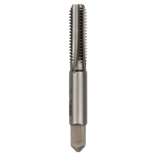 IRWIN 1534 straight flute tap, silver metal tool with threaded cutting edge, front view on white background.